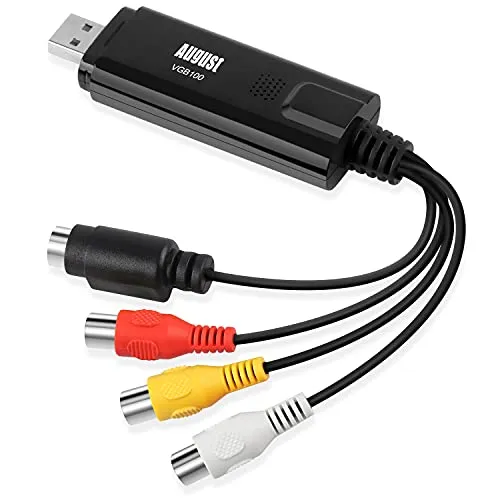 August VGB100 USB 2.0 Audio Video Grabber - Video-Formatwandler zum Digitalisieren von VHS, Hi8 & Camcorder-Aufnahmen. Ideal für Windows 11-XP, mit Unterstützung für verschiedene Videoformate und perfekt für Gaming-Streams.