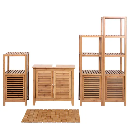 Badezimmerset HWC-B18, Komplett Badezimmer Badmöbel - Badmöbel-Set aus robustem Bambus, bietet viel Stauraum und ist pflegeleicht. Ideal für eine natürliche und nachhaltige Badezimmergestaltung.