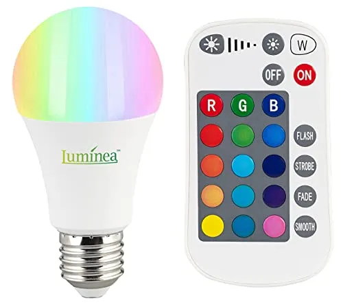 Luminea LED Birne: LED-Lampe E27, RGBW, 8 W (ersetzt 75 W), 806 Lumen, dimmbar (Glühlampe mit Fernbedienung, LED Fernbedienung, Deckenleuchte)