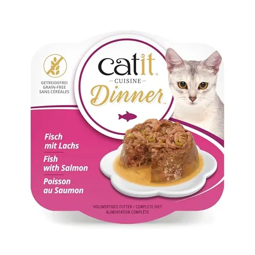 Catit Fisch Dinner, Premium Katzennassfutter, getreidefrei, proteinreich, mit Lachs und grünen Bohnen, Ergänzungsfuttermittel, 1er Pack, 80g