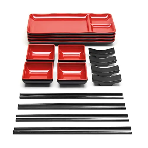 GOLIBER Sushi-Servierset, Melamin, Sushi-Servierset für 4 Personen mit 4 japanischen Sushi-Servierplatten, 4 Sojasaucenschalen, 4 Paar Essstäbchen und 4 Stäbchenständern, Melamin-Servierset für Sushi