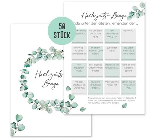 Produktbild Things of Happiness Spiel Hochzeitsspiel Bingo, Hochzeitsbingo, Spiel Gäste Hochzeit, Kennenlernspiel Hochzeit, 50 Karten