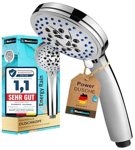 BLUMBACH® Duschkopf Energy Rain – wassersparend mit 9 Strahlarten - Erlebe erfrischende Duschen mit unserem BLUMBACH® Duschkopf. Mit 9 Strahlarten und einem sparsamen Wasserverbrauch von 7–11 Litern pro Minute genießt du Komfort und Nachhaltigkeit in einem.