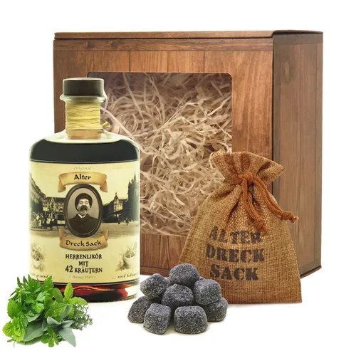 Geschenkbox Alter Dreck Sack Herren Likör mit 42 Kräutern 0,5L - Likör mit 42 Kräutern, 32% Alkoholgehalt in edler Apothekerflasche im Retrolook – das perfekte Geschenk für Genießer!