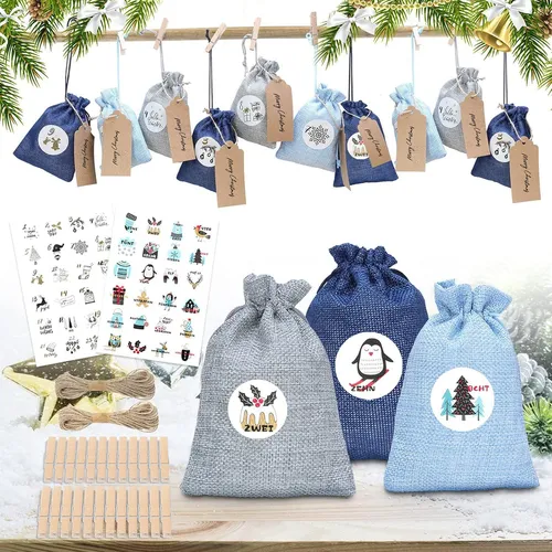 Adventskalender Jutesäckchen für Weihnachten - Stilvoller Adventskalender aus langlebigem Leinen, ideal zum Befüllen mit Überraschungen. Perfekt für Weihnachten und vielseitig einsetzbar bei verschiedenen Anlässen.