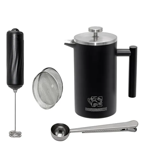 Brewbreeze French Press Set I Kaffeebereiter, Thermo, Kaffeepresse, für Filterkaffee, 1 Liter, Milchaufschäumer, doppelwandig, isoliert, Edelstahl (Schwarz, 1 Liter)
