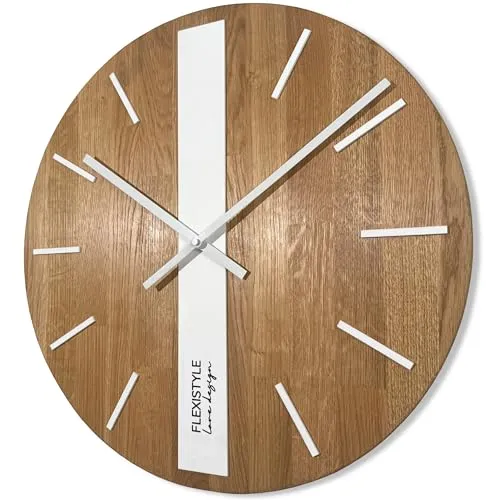 FLEXISTYLE Modern wanduhr ohne tickgeräusche modern wanduhren Holz Badezimmer Wohnzimmer Eiche (Weiß Runden, 50cm)