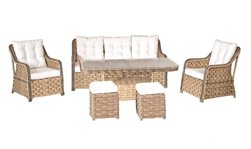 Robuste Garten Rattan Garnitur mit edlem Couchtisch - Lounge Set aus hochwertigem Rattan für 6 Personen. Inklusive 3-Sitzer Sofa, Sesseln und Hockern. UV-geschützt und wasserresistent – ideal für den modernen Garten!