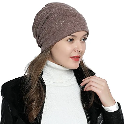 DonDon Mütze Damen Wintermütze Slouch Beanie gefüttert mit Stern Glitzersteinen - Hellbraun