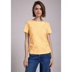 T-Shirt STREET ONE STUDIO, Damen, Gr. 44, gelb (blend gelb), Web, 94% Baumwolle, 6% Elasthan, bedruckt, gerade normal, U-Boot-Ausschnitt, Bündchen, Shirts T-Shirt, mit grafischem Muster