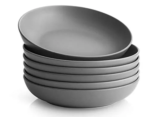 Y YHY Tiefe Teller 6er Set, 21,6 x 4,5 cm Tiefe Essteller, Suppenteller, Salatschüsseln, Pastaschüssel für 6 Personen, Große Speiseteller Porcelain für Pasta, Gulasch, Suppen, Salat-880ml, Grau Matt
