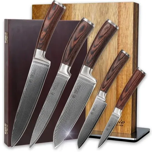 Wakoli EDIB 5-teiliges Damastmesser Set mit magnetischem Messerblock - Küchenmesser Set mit 67 Lagen Damaststahl und VG10-Kern für langanhaltende Schärfe. Inklusive stilvollem magnetischem Messerblock aus Akazienholz – perfekt für Hobby- und Profiköche.