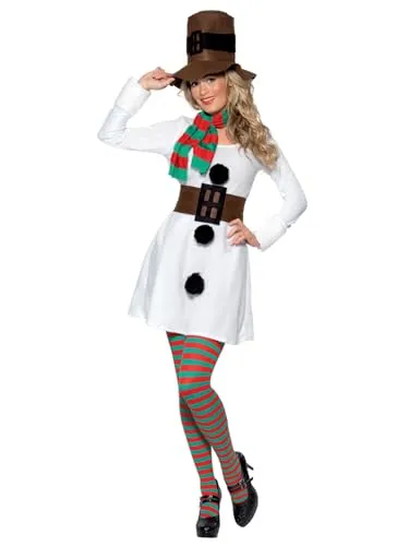 Miss Snowman Kostüm für Damen (L) - Kostüm-Outfits für Erwachsene, inklusive Kleid, Hut, Schal und Gürtel, ideal für Karneval und Halloween, angenehmes Tragegefühl und einfaches An- und Ausziehen durch elastisches Material.