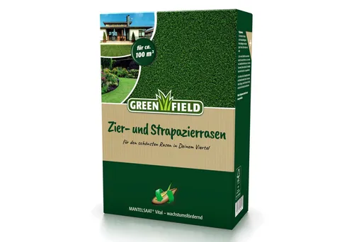 Greenfield Zierrasen Strapazierrasen 2 kg - Belastbarer Rasensamen - Gräsersamen & -pflanzen, feinblättrig und dunkelgrün, ideal für strapazierte Rasenflächen, selbstregenerierend und tiefschnittfähig.