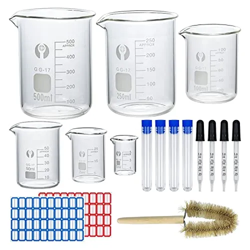 Episkey Becher Laborglas Messbecher 500 ml 250 ml 100 ml 50 ml 25 ml 5 ml Borosilikatglas, 4 Stück 1 ml Glas-Tropfpipette und Aufbewahrungsröhrchen, 1 Stück Becherpinsel (6)