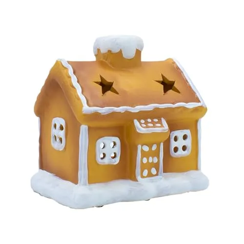 Terracotta Windlicht Lebkuchenhaus - 14 cm - Weihnachtsdeko Keramik Kerzen Halter - Weihnachten Advent Tisch Dekoration Teelichthalter
