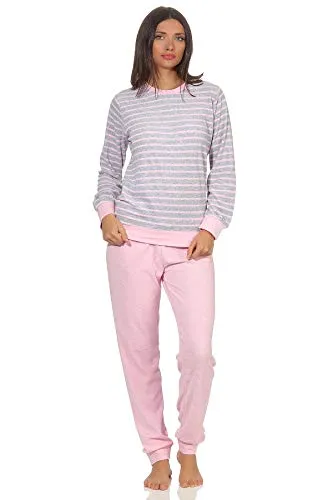 RELAX by Normann Damen Frottee Pyjama Langarm in edler Streifenoptik - Größe 36/38 - Kuscheliger Frottee-Pyjama mit Bündchen für optimalen Schlafkomfort. Elegante Streifenoptik und süße Pinguin-Stickerei sorgen für einen stilvollen Look. Ideal für die kalte Jahreszeit, pflegeleicht und angenehm zu tragen.