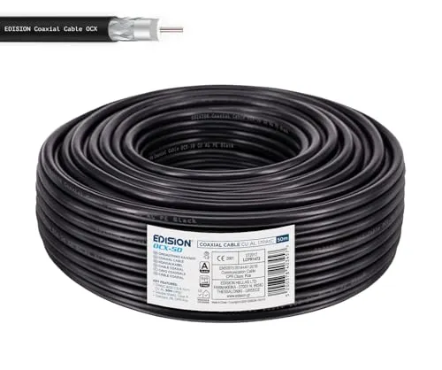 EDISION OCX-50 Koaxialkabel 50m, Antennenkabel 130dB Outdoor/Indoor PE Schwarz, reines Kupfer Innenleiter CU, SAT Kabel, geeignet für DVB-S2, DVB-T/T2, DVB-C, BK-Anlagen, CCTV, Ring 50m