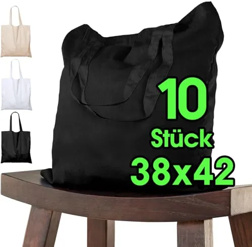 Baumwolltasche 38x42 cm unbedruckt, 10 Stück - Zwei KURZE Henkel OEKO-TEX® zertifiziert Stofftasche, Tragetasche, Baumwollbeutel, Einkaufstasche, Jutebeutel, Stoffbeutel Einkaufsbeutel bemalen Schwarz
