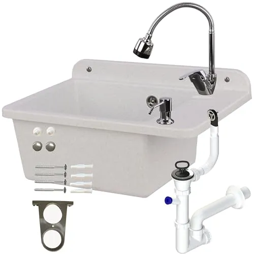 Waschbecken Ausgussbecken 51 cm Weiß Granit Polystyrol Haushaltsspülbecken Spüle mit beweglich Armatur Spülbecken Waschtrog mit Überlauf Seifenspender Siphon wandausgussbecken