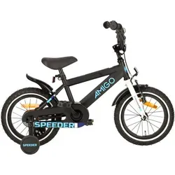 AMIGO Kinderfahrrad Speeder 14 Zoll - Schwarz/Blau - Robustes 14-Zoll Jungenfahrrad mit Rücktrittbremse und V-Brake für sicheres Fahren. Ideal für Kinder von 3 bis 5 Jahren, höhenverstellbar und mit abnehmbaren Seitenrädern für optimale Stabilität.