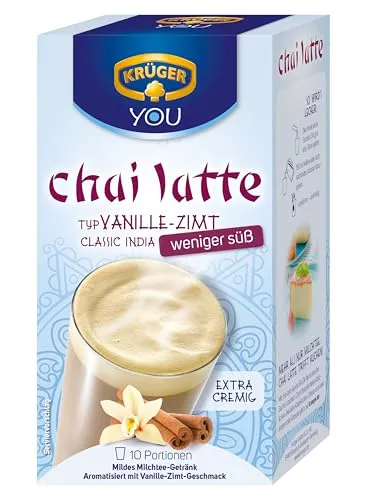 KRÜGER YOU Chai Latte Vanille-Zimt weniger süß - Kaffee: Aromatisierter Chai Latte mit weniger Zucker, feinem Schwarztee-Extrakt und cremiger Milch für unwiderstehlichen Genuss.