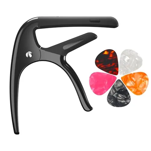 Kapodaster für Akustikgitarre, Gitarrenkapodaster für E-Gitarre, Ukulele und Saiteninstrumente, Gitarrenkapodaster mit 5 Plektren, Gitarrenkapo, Gitarrenklemme (Schwarz)