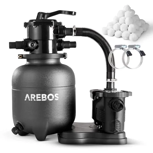 Arebos Sandfilteranlage mit Pumpe inkl. 600g Filterbälle | 350W | 9500 L/h | Tankvolumen bis zu 20 kg Sand | 7 - Wege Ventil mit Griff | mit Druckmanometer | Poolfilter | Schwarz