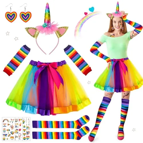 PCS Regenbogen Kostüm Damen, Einhorn Kostüm Erwachsene, Karneval Kostüm Damen, Regenbogen Tüllrock, Einhorn Horn Stirnband, Rock Kniestrümpfe Streifen und Lange Handschuhe, für Karnevalspartys 6