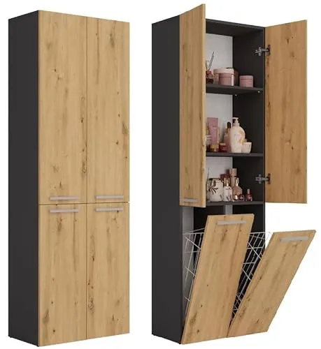 BDW Badezimmerschrank, 2- Wäschekorb, 2 - Türen 174 x 60 x 30cm Unterschrank, Waschbeckenunterschrank, Hochschrank, Badmöbel, Bad-Hochschrank, Badregal, NEL 2K/DD (Anthrazit/Artisan-Eiche)