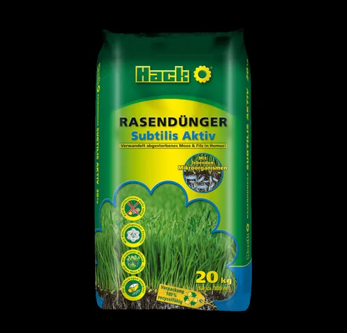 Hack Rasendünger Subtilis Aktiv 20 kg - Mineralischer Rasendünger mit Subtilis-Technologie, fördert ein gesundes Wachstum und eine grüne, dichte Rasenfläche.