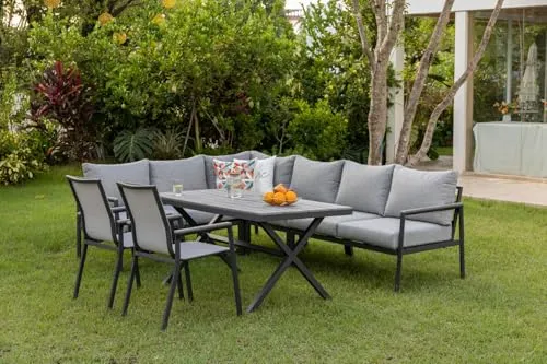 Gardissimo JOLIE Alu Ecklounge Gartenmöbel Sitzgruppe - Moderne Aluminium-Ecklounge mit extra großem Nonwood-Tisch und 2 stapelbaren Sesseln, ideal für stilvolle Terrassen und entspannte Stunden im Freien.