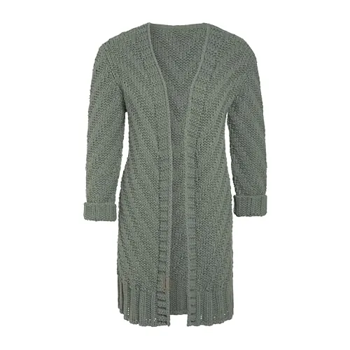KNIT FACTORY - Sally Strickjacke - Mittellange Damen Strickjacke in Urban Green - Hochwertige Strickjacke für Damen in mittellanger Form, ideal für Herbst und Winter. Kuschelig und pflegeleicht, perfekt kombinierbar für stilvolle Outfits.