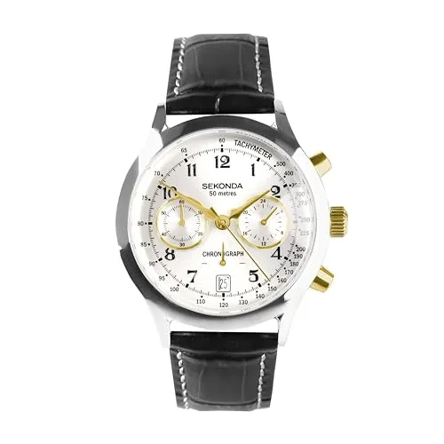 Sekonda Heritage Archer Herren-Armbanduhr, Quarz, 40 mm, Chronograph, silberfarbenes Lederarmband