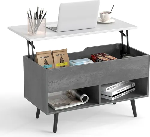 GOPLUS Couchtisch höhenverstellbar, Kaffeetisch mit anhebbarer Tischplatte, offenen Fächern, Stubentisch für Büro, 80 x 40 x 46-60 cm, Grau