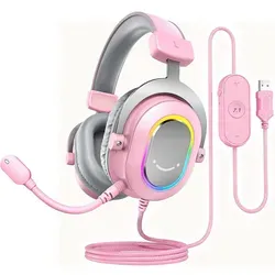 FIFINE Gaming Headset mit Mikrofon Over Ear, Rosa - Erlebe räumlichen Klang mit virtuellem 7.1-Surround-Sound. Das komfortable Headset bietet 3 EQ-Modi und ein stylisches RGB-Design, ideal für Gaming und Livestreaming.