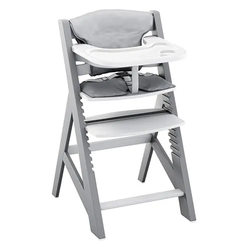 TULANO Morsel 40 | Kinderhochstuhl mit 3-Punkt-Gurt | Verstellbar & mitwachsend ab 6 Monaten bis 12 Jahren | Kombihochstuhl mit Schutzbügel und abnehmbarem Essbrett | Holz Grau Weiß