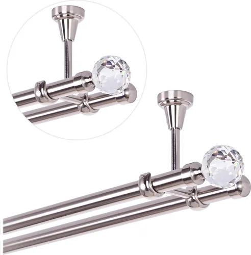 Gardinenstange 420 cm für Deckenmontage, Vorhangstange 19 mm 2-läufig Edelstahloptik, Gardinenstangenset mit Kugel Kristall