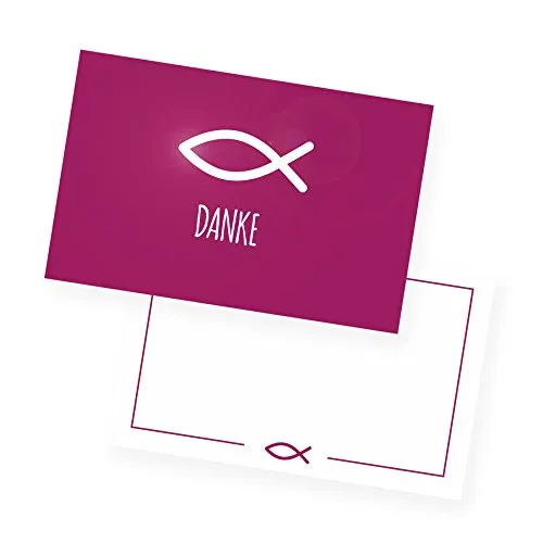 itenga 24x Dankeskarten,Kärtchen Kommunion Taufe Konfirmation Fisch Danksagung 8,5x5c5cm (pink)