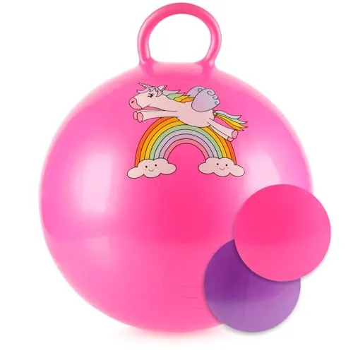 com-four® Hüpfball mit Einhorn-Motiv Ø 43 cm - Aufblasbarer Sprungball mit Griff für Kinder - Hopper Ball für drinnen & draußen [Auswahl variiert] (1 Stück - Einhorn bunt)