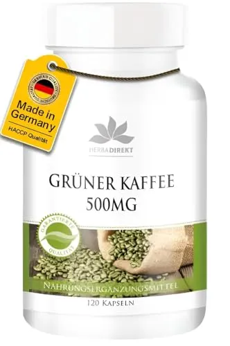 Grüner Kaffee 500mg - Extrakt mit 45% Chlorogensäure und 3% Koffein - 120 Kapseln - vegan | HERBADIREKT by Warnke Vitalstoffe - Deutsche Apothekenqualität