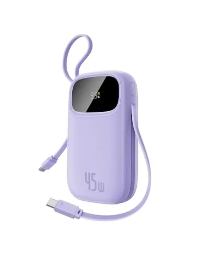 Baseus Powerbank 20000mAh 45W mit integriertem USB-C Kabel, QPow3 Power Bank PD3.0 QC4.0 Externe Handyakkus, 3 USB-C, 1 USB-A, Portables Ladegerät für iPhone 17/16/15 Pro Max, iPad, Galaxy, Lila