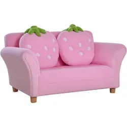Homcom Kindersofa Rosa mit Erdbeer-Design - Niedliches Kindersofa aus robustem Holz mit weichem Korallenvlies-Bezug, ideal für das Kinderzimmer. Belastbar bis 60 kg und perfekt zum Spielen, Zeichnen oder Entspannen.