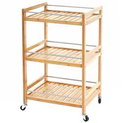 Mendler Rollwagen HWC-D91 - Servierwagen aus hochwertigem Bambus, mit 3 Ablageflächen und 360° drehbaren Rollen für flexible Nutzung im Haushalt.