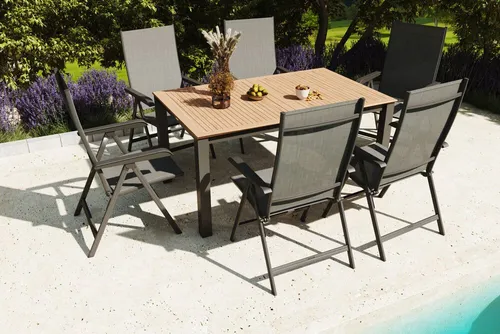 KETTLER Garten-Essgruppe mit Ausziehtisch - Hochwertige Garten-Essgruppe mit ausziehbarem Tisch und 6 klappbaren Sesseln. Ideal für entspannte Stunden im Freien, pflegeleicht und wetterbeständig.