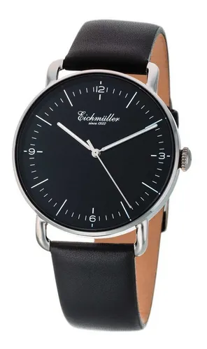 Eichmüller Quarzuhr Herrenuhr Slim Gehäuse, Silberfarben, Schwarz Lederband 40 mm 3030-05, – elegante Armbanduhr für Herren