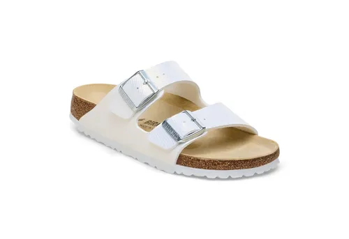 Birkenstock Arizona Uni Pantolette Shiny Lizard White, Gr. 41 - Modische Pantolette von Birkenstock mit anatomisch geformtem Kork-Latex-Fußbett. Der strapazierfähige Oberstoff und die leichte EVA-Sohle bieten hohen Tragekomfort. Ideal für lässige Anlässe im Frühling/Sommer.