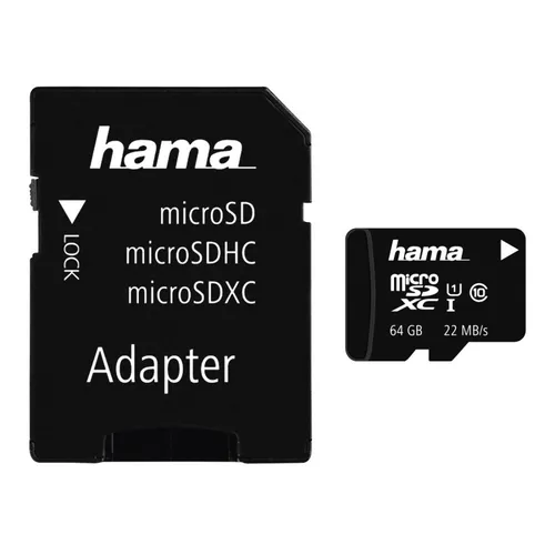 HAMA microSDXC 64GB Class 10 UHS-I mit Adapter - Speicherkarten: Hohe Übertragungsgeschwindigkeit von 22MB/s, perfekt für schnelle Foto- und Videoaufnahmen.