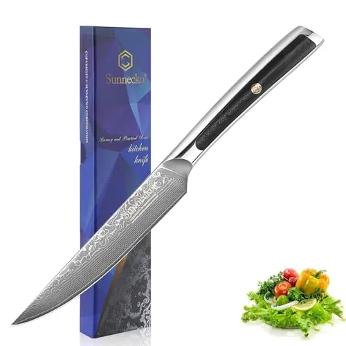 Sunnecko 13cm Steakmesser Damastmesser, Messer aus Damaststahl Klinge, Allzweckmesser mit G10 Griff