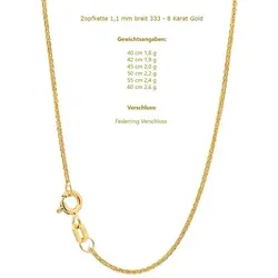 HOPLO Goldkette Goldkette Zopfkette 333 - 8 Karat Gold 1,1 mm - 45 cm, Made in Germany goldfarben 45 cm Damengröße | 1.1 mm
